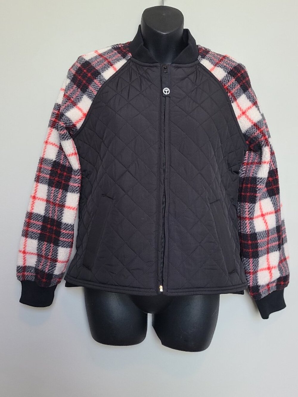 T by Talbots Petite P  Sherpa Quilted Bomber Jacket Plaid Black white red